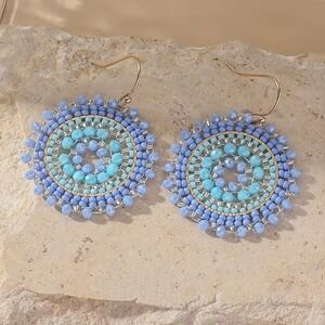 Blue Beaded Mandala Drop Earrings Boho Circular Seed Bead Statement Jewelry